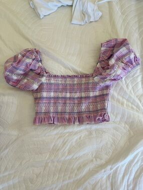 Loveshackfancy Smocked Puff-Sleeve Cropped Top in Lavender Plaid